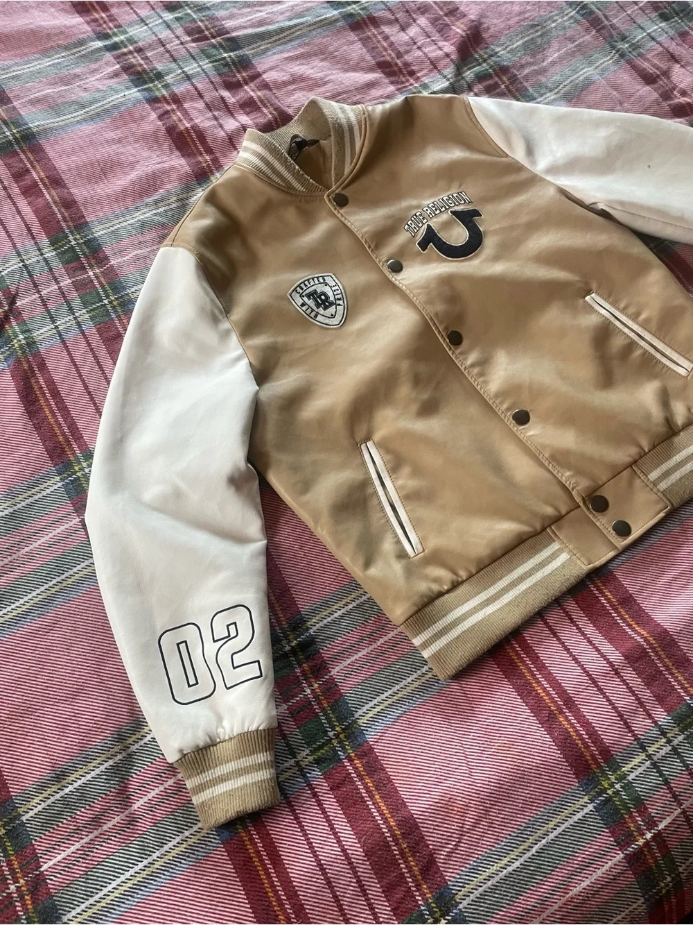 True Religion Tan and White Varsity Jacket
